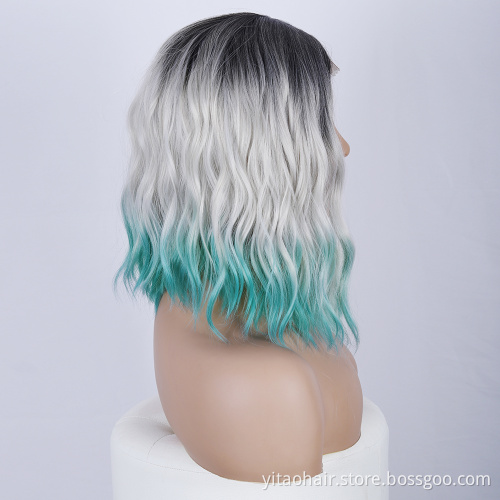 Gray Blue Wavy Wig Women's Short Bob Ombre Black Wig Curly Wavy Shoulder Length Bob Synthetic Cosplay Wigs for Girl